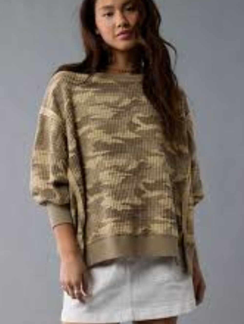 NWT American Eagle Camo Waffle Knit Pullover In Olive & Cream Combo Med